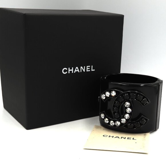 Chanel black Resin crystal CC wide cuff bracelet - Picture 1 of 8